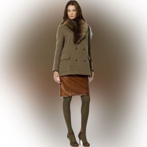 Ralph Lauren Olive Drab Wool Felt Double Breasted Shearling Collar Coat - Picture 9 of 14